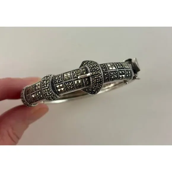 Judith Jack Sterling Marcasite Buckle Bracelet Vintage JJ Logo Silver Clasp - Picture 5 of 7